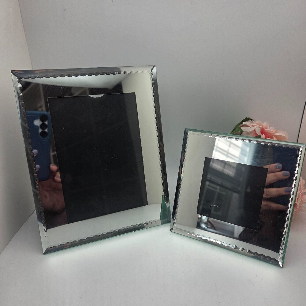Pair of Mirror Glass Photo Frames Picture 6x5 and 4x4 Stand Alone Top Loading